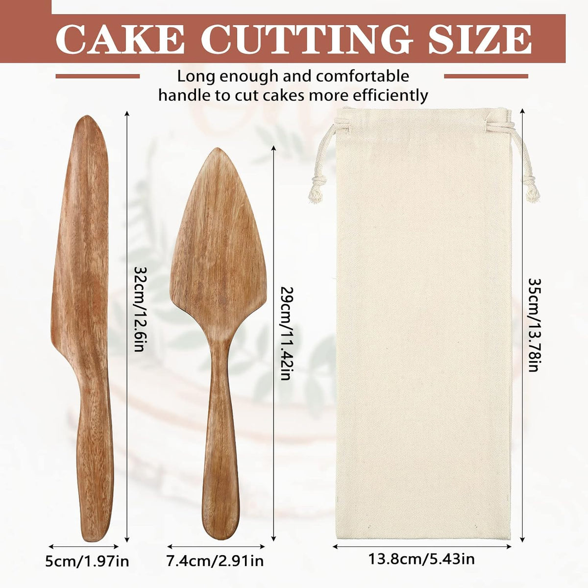 Norme Wedding Cake Knife and Server Set Rustic Wedding Cake Cutting Set, Wooden Cutter and Pie Server Spatula with Drawstring Bag for Bridal Reception Birthday Party Baby Shower