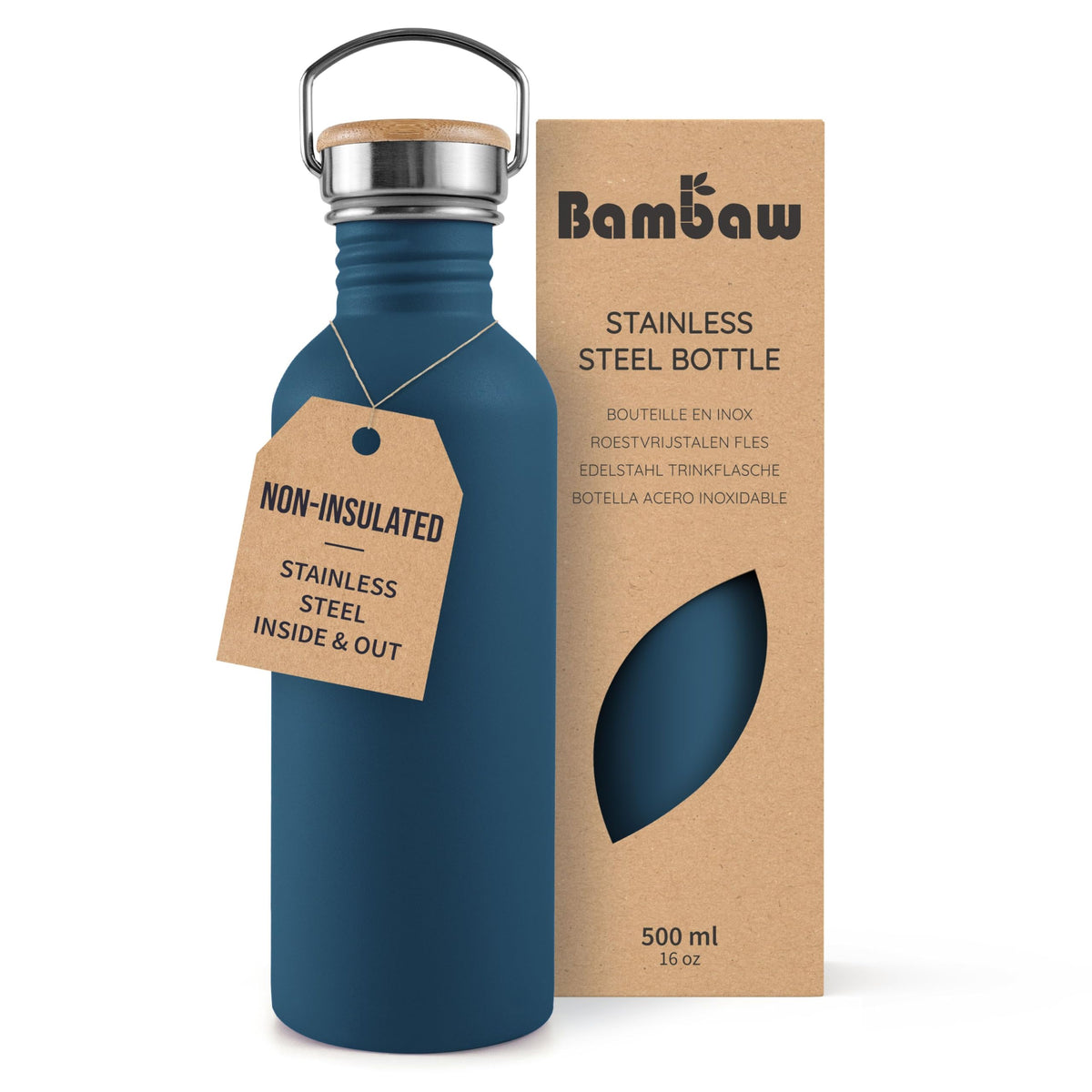 Bambaw Stainless Steel Water Bottles 32 oz, Non-insulated Single Wall Metal Water Bottle Stainless Steel, Reusable & Eco Friendly, Dishwasher Safe – Silver | Non-insulated