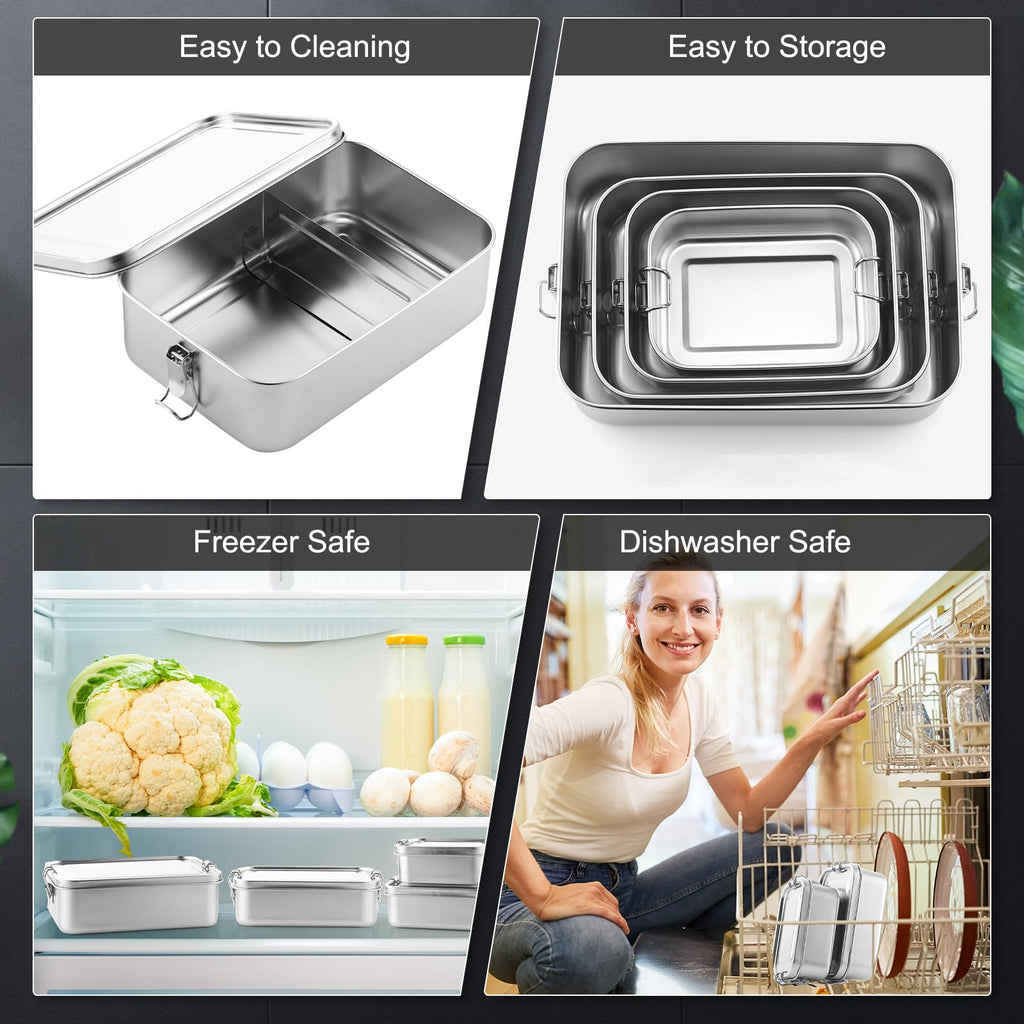 Umigy 4 Pcs Stainless Steel Food Containers Metal Bento Lunch Box Stainless Steel Food Storage Containers, Lockable Clips to Leak Proof, Reusable Dishwasher Snack Boxes for Work (550ml)