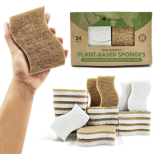 AIRNEX Biodegradable Natural Kitchen Sponge - Compostable Cellulose and Coconut Walnut Scrubber Sponge (12 Pack)