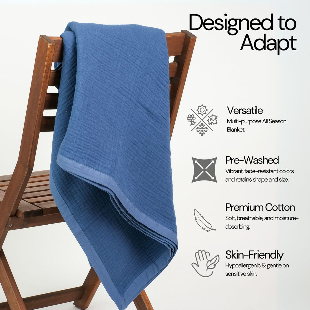 Salt Earth 100% Cotton Muslin Blanket, Gauze Blanket 55"X75" Twin, 6 Layered for Couch, Bed, Living Room, Home, Lightweight & All Season Blankets & Throws, Easy wash, Skin Friendly (Dress Blue/Print)