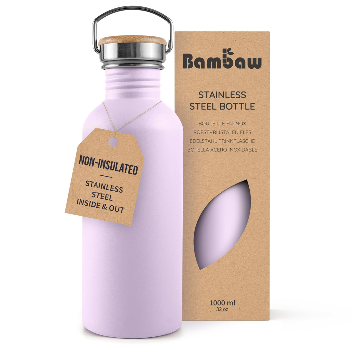 Bambaw Stainless Steel Water Bottles 32 oz, Non-insulated Single Wall Metal Water Bottle Stainless Steel, Reusable & Eco Friendly, Dishwasher Safe – Silver | Non-insulated