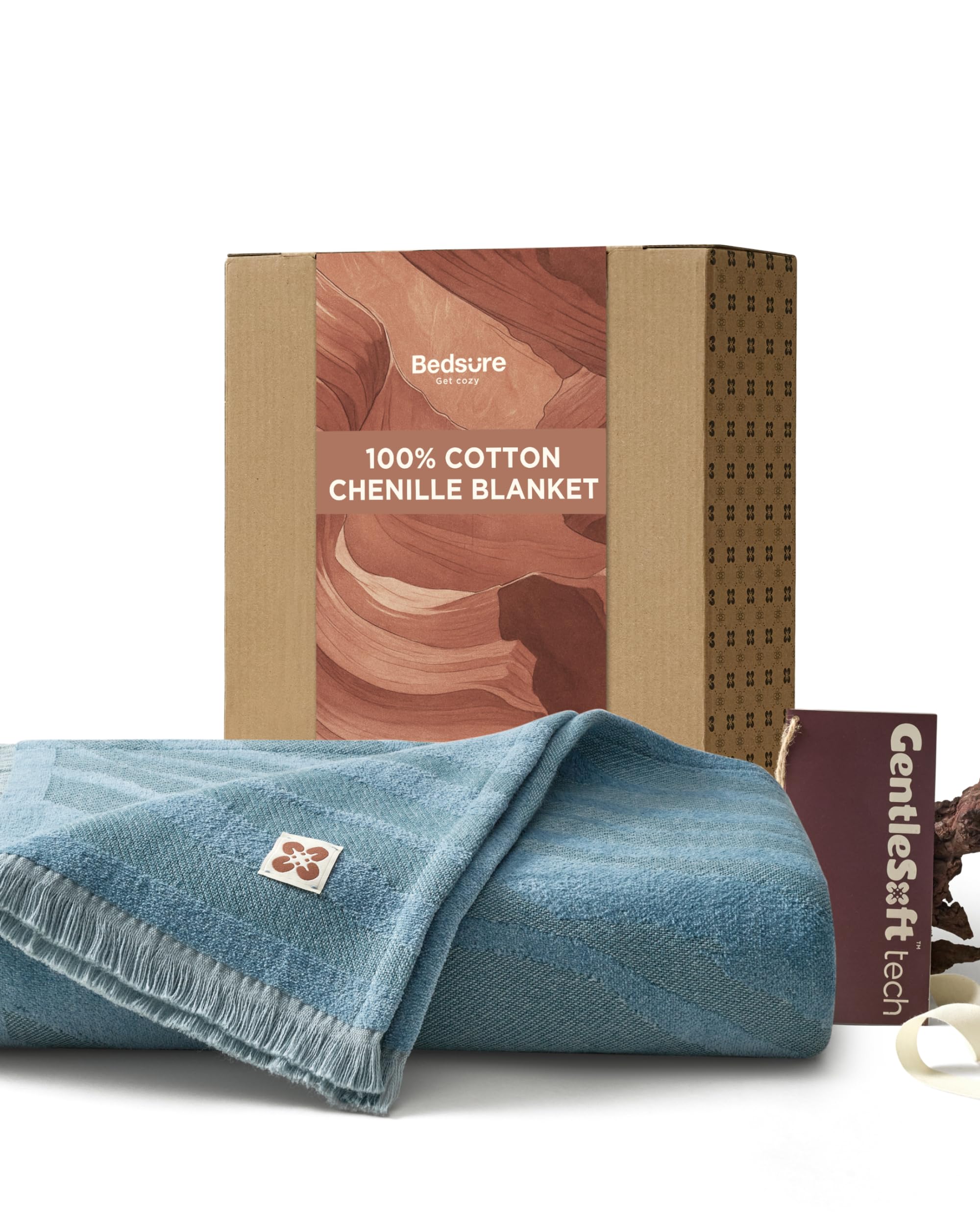 Bedsure 100% Cotton Throw Blanket for Couch - Luxury Aesthetic Woven Textured Blanket Gifts for Women, Cozy and Soft for All Seasons, Home Decor Boho Throw for Sofa, Chair, Blue, 50x60 Inches