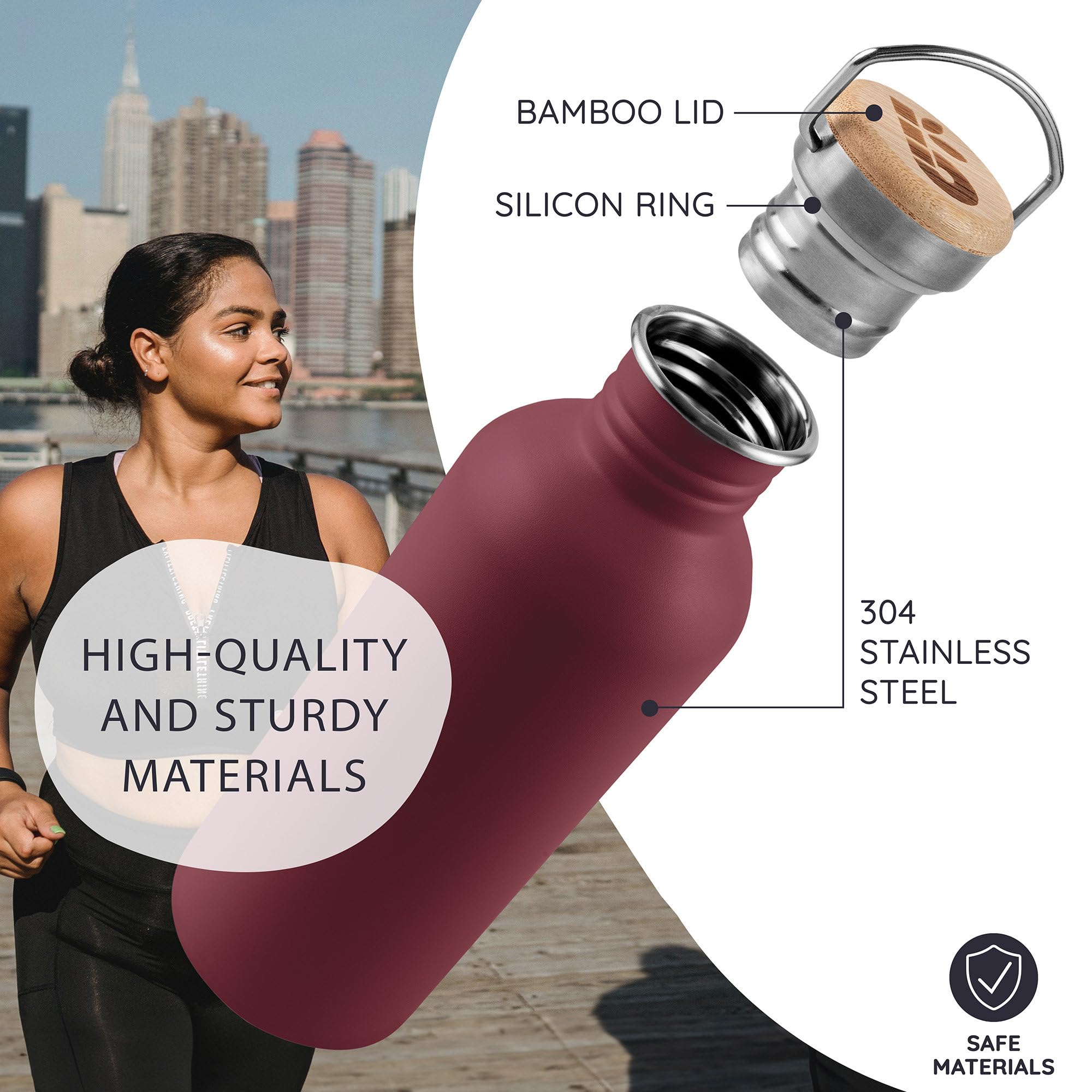 Bambaw Stainless Steel Water Bottles 32 oz, Non-insulated Single Wall Metal Water Bottle Stainless Steel, Reusable & Eco Friendly, Dishwasher Safe – Silver | Non-insulated
