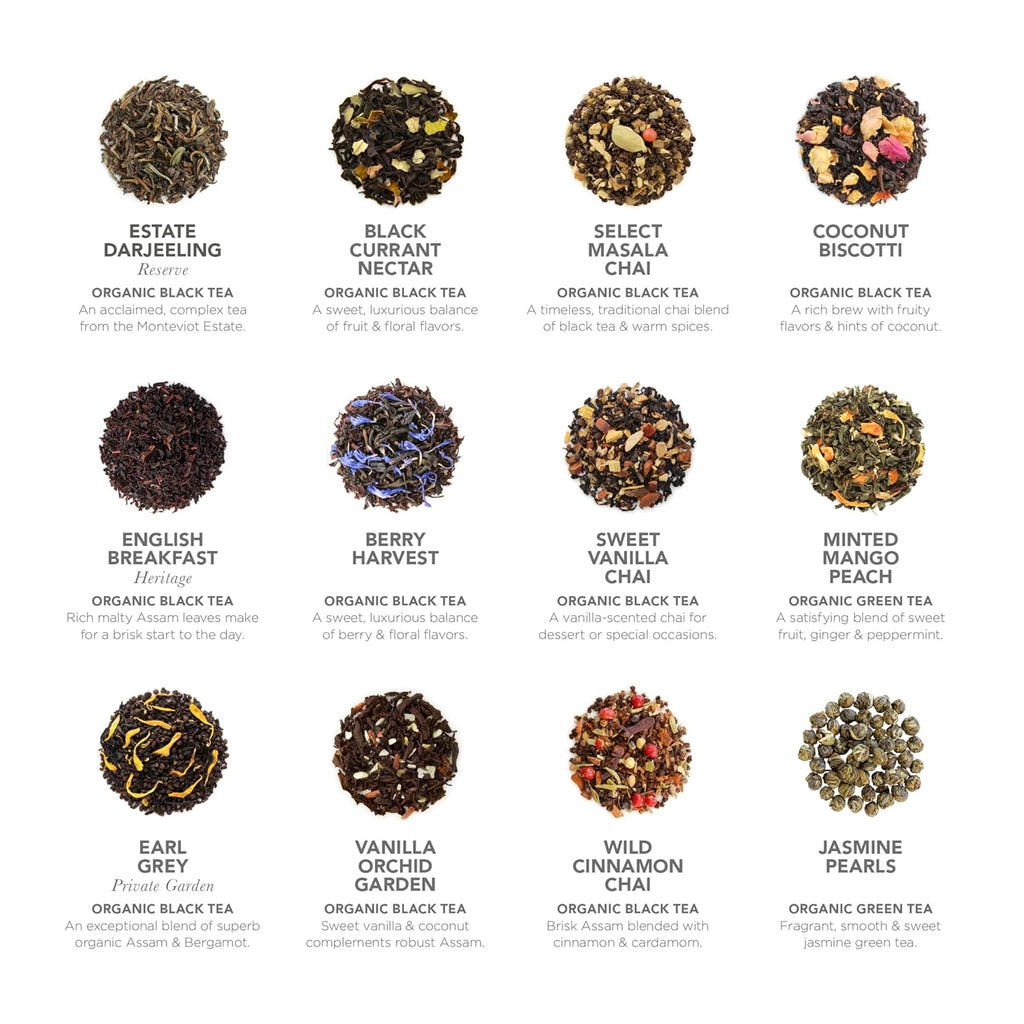 Teabloom Exceptional Loose Leaf Tea Chest, World's Largest Tea Collection with 24 Varieties of USDA Certified Organic Black, Green, White, Oolong, and Herbal Teas