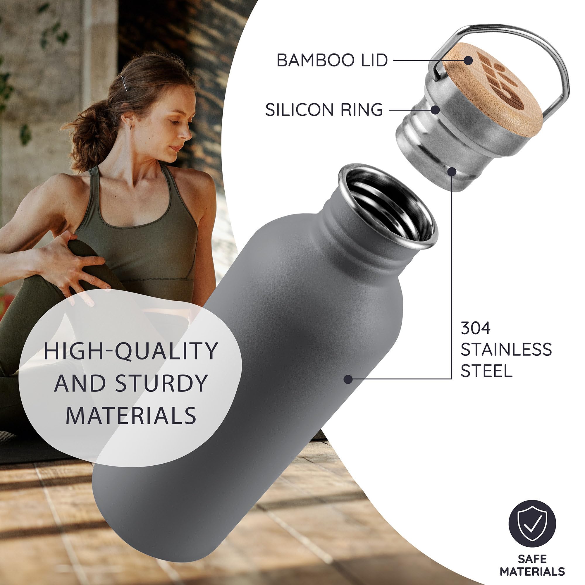 Bambaw Stainless Steel Water Bottles 32 oz, Non-insulated Single Wall Metal Water Bottle Stainless Steel, Reusable & Eco Friendly, Dishwasher Safe – Silver | Non-insulated