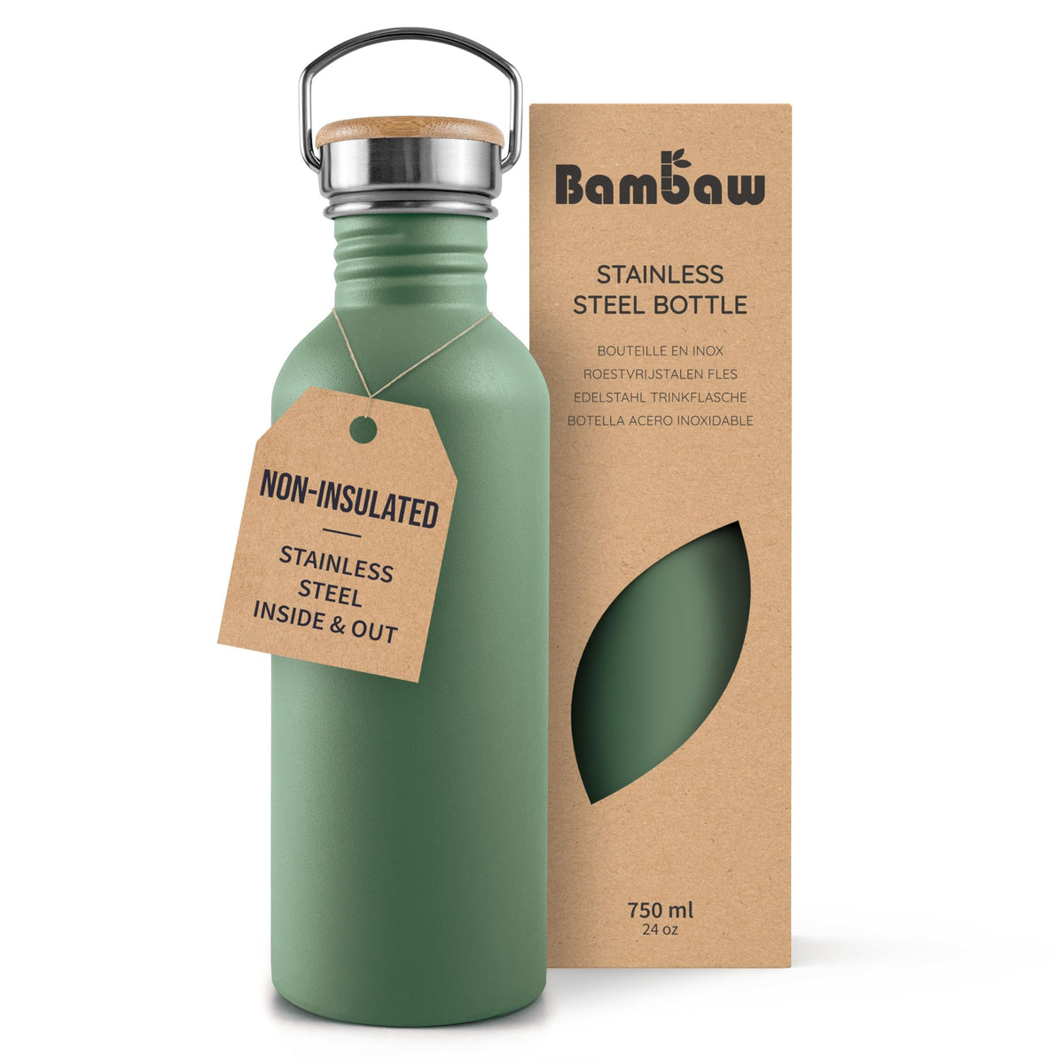 Bambaw Stainless Steel Water Bottles 32 oz, Non-insulated Single Wall Metal Water Bottle Stainless Steel, Reusable & Eco Friendly, Dishwasher Safe – Silver | Non-insulated