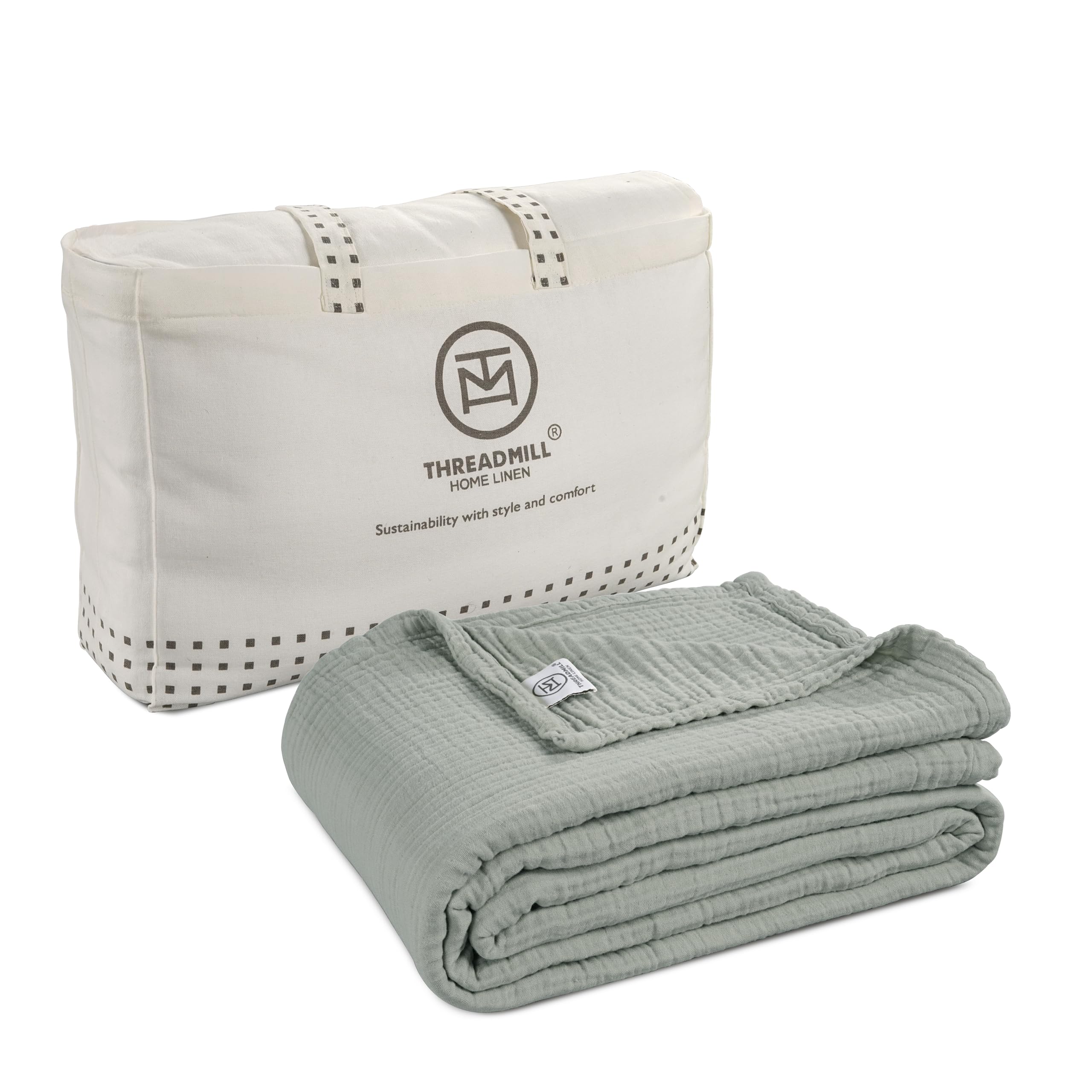 Threadmill Muslin Throw Blanket | 4 Layer 100% Cotton Gauze | Lightweight, Breathable, and Soft All Season Blanket | 50 x 65 Cozy Throw for Sofa, Couch & Bed | Beige