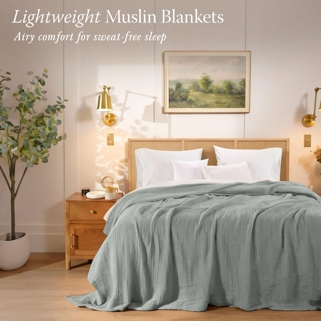 Threadmill Muslin Throw Blanket | 4 Layer 100% Cotton Gauze | Lightweight, Breathable, and Soft All Season Blanket | 50 x 65 Cozy Throw for Sofa, Couch & Bed | Beige