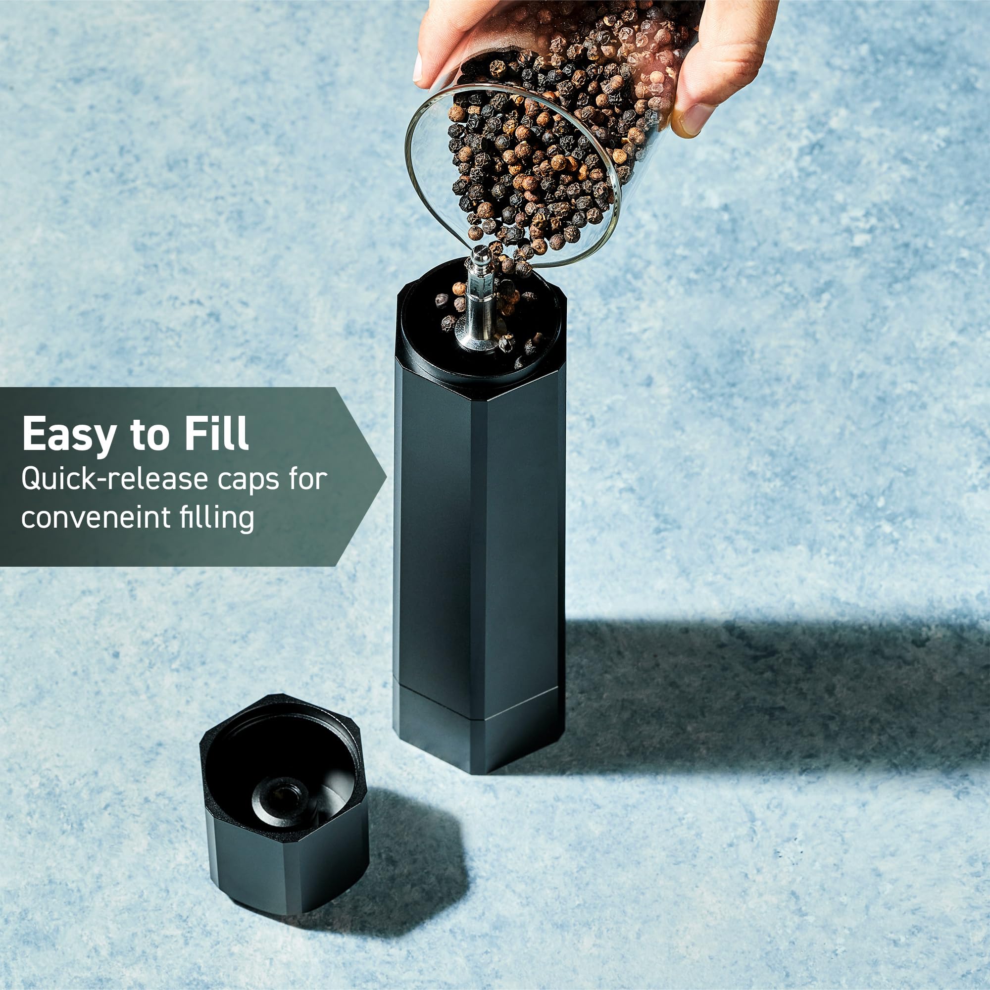 HexClad Salt and Pepper Mill Set with Adjustable Professional Grinders and No-Mess Caps