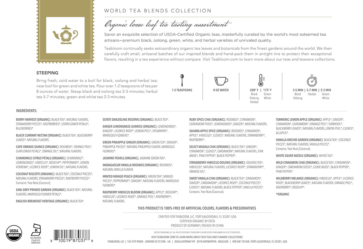 Teabloom Exceptional Loose Leaf Tea Chest, World's Largest Tea Collection with 24 Varieties of USDA Certified Organic Black, Green, White, Oolong, and Herbal Teas
