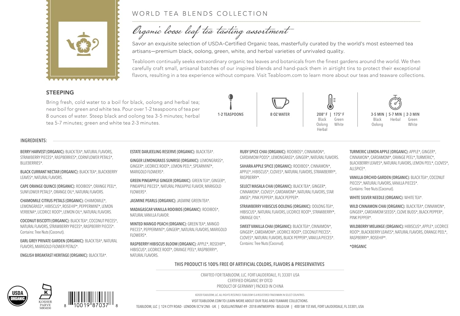 Teabloom Exceptional Loose Leaf Tea Chest, World's Largest Tea Collection with 24 Varieties of USDA Certified Organic Black, Green, White, Oolong, and Herbal Teas