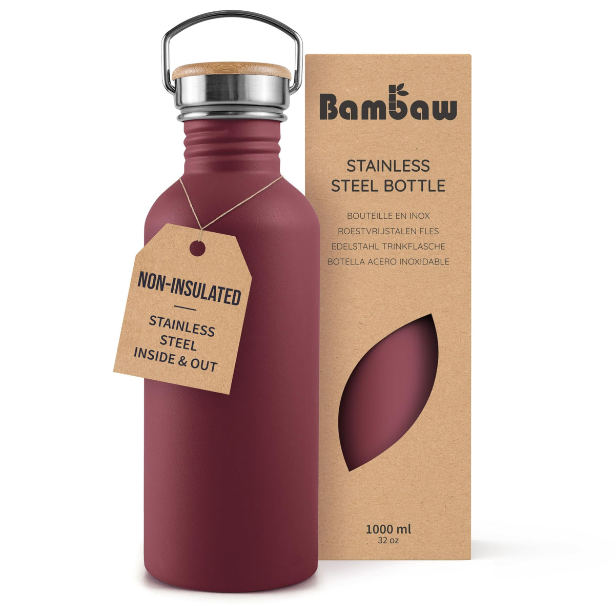 Bambaw Stainless Steel Water Bottles 32 oz, Non-insulated Single Wall Metal Water Bottle Stainless Steel, Reusable & Eco Friendly, Dishwasher Safe – Silver | Non-insulated