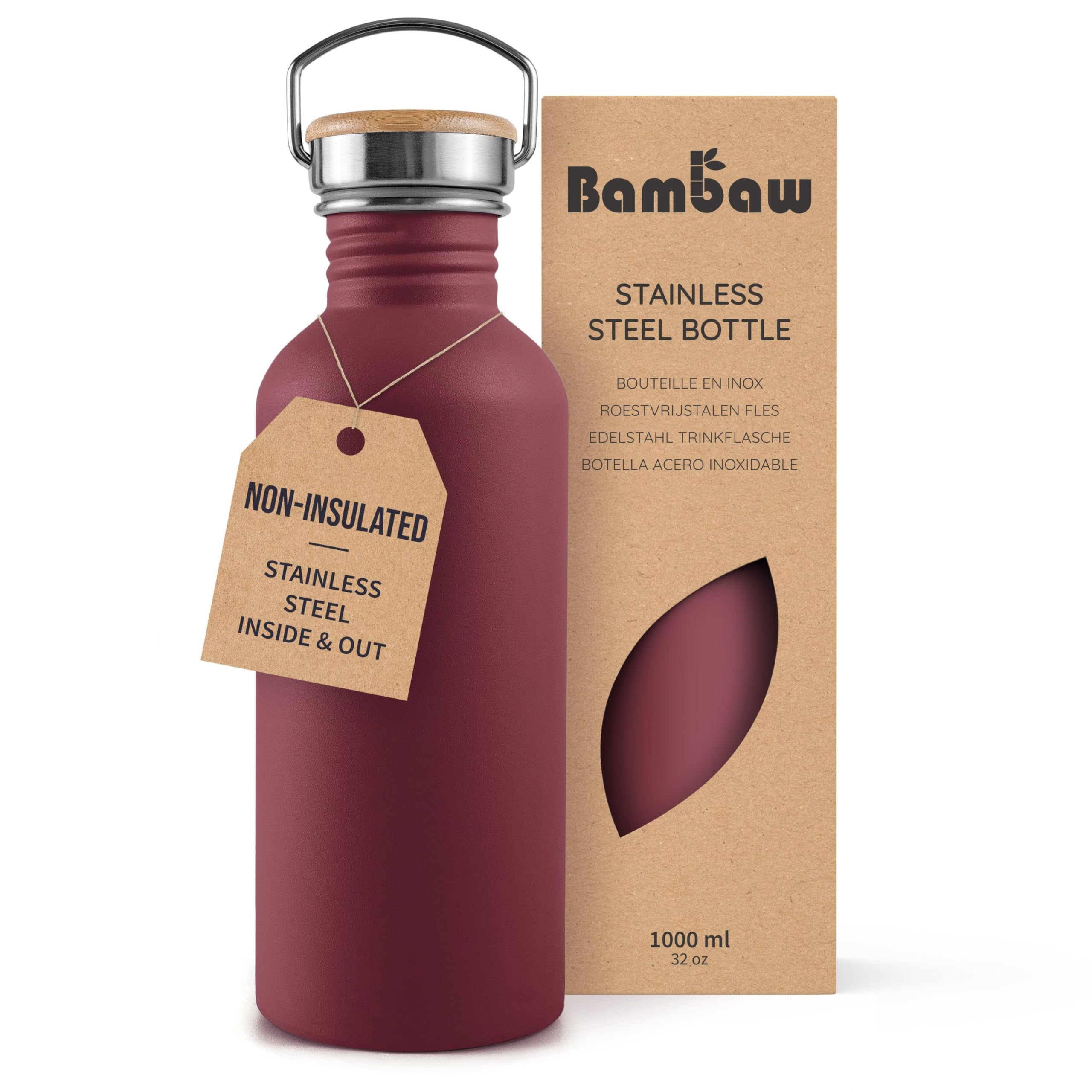 Bambaw Stainless Steel Water Bottles 32 oz, Non-insulated Single Wall Metal Water Bottle Stainless Steel, Reusable & Eco Friendly, Dishwasher Safe – Silver | Non-insulated