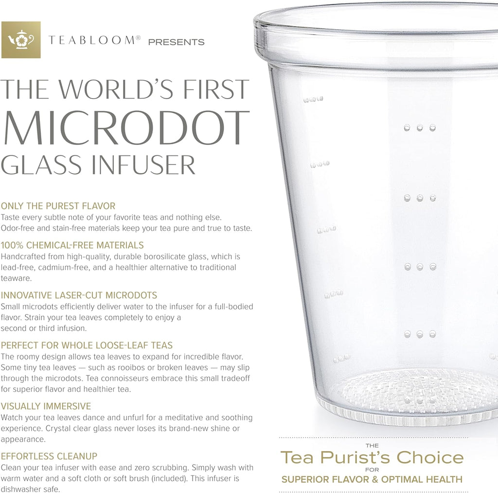 Teabloom Loose Tea Microdot Glass Mug with Lid – 12oz Single-Serve Borosilicate Glass Cup with Infuser for Hot and Cold Beverages