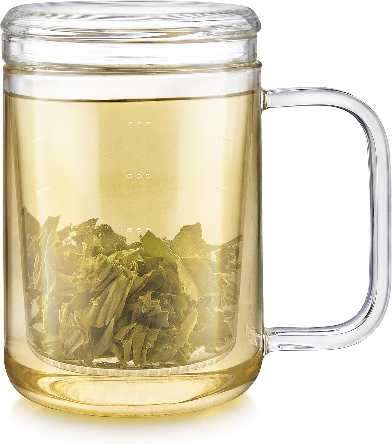 Teabloom Loose Tea Microdot Glass Mug with Lid – 12oz Single-Serve Borosilicate Glass Cup with Infuser for Hot and Cold Beverages