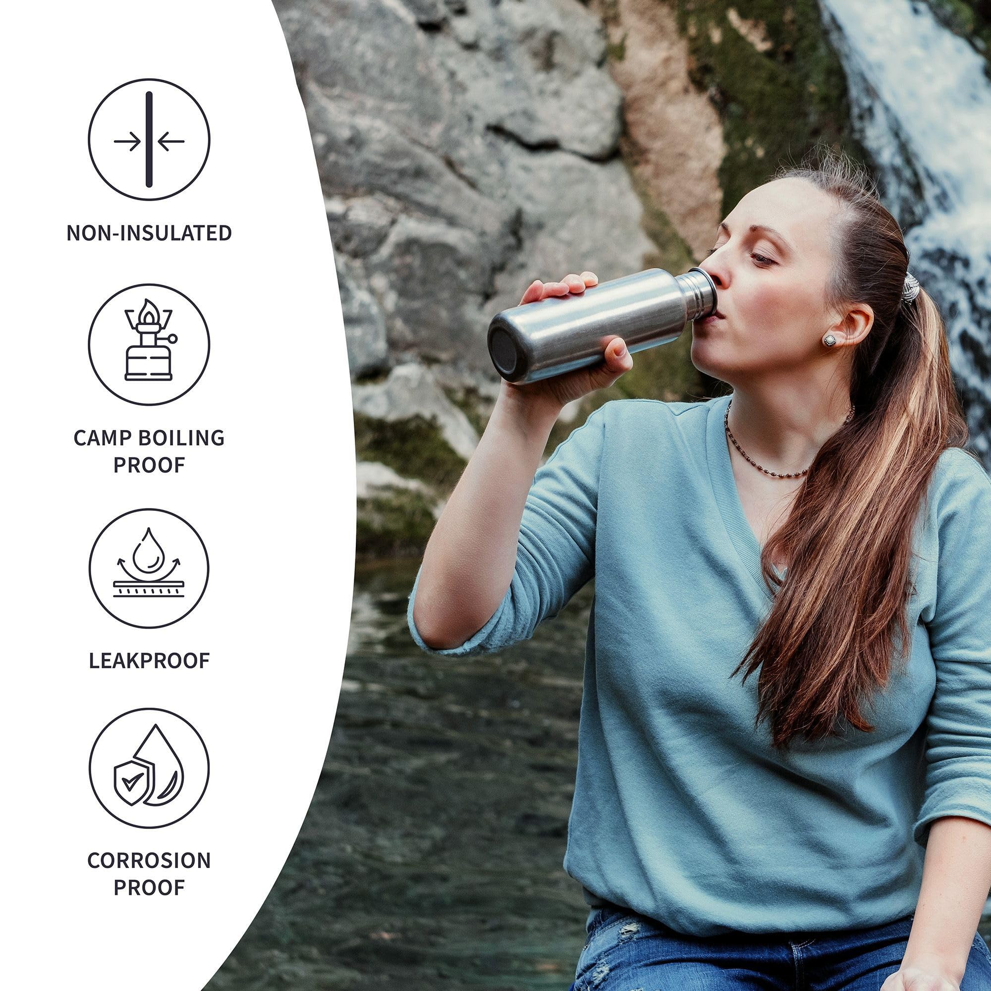 Bambaw Stainless Steel Water Bottles 32 oz, Non-insulated Single Wall Metal Water Bottle Stainless Steel, Reusable & Eco Friendly, Dishwasher Safe – Silver | Non-insulated