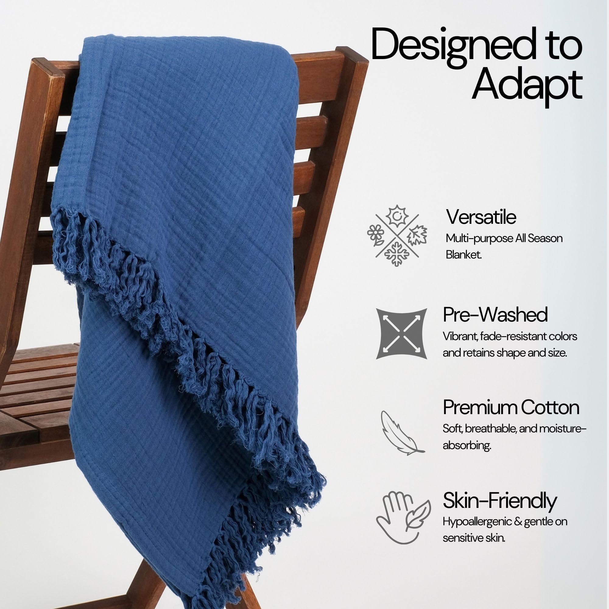 Salt Earth 100% Cotton Muslin Blanket, Gauze Blanket 55"X75" Twin, 6 Layered for Couch, Bed, Living Room, Home, Lightweight & All Season Blankets & Throws, Easy wash, Skin Friendly (Dress Blue/Print)
