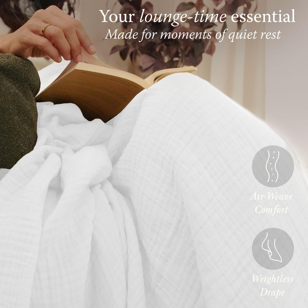 Threadmill Muslin Throw Blanket | 4 Layer 100% Cotton Gauze | Lightweight, Breathable, and Soft All Season Blanket | 50 x 65 Cozy Throw for Sofa, Couch & Bed | Beige