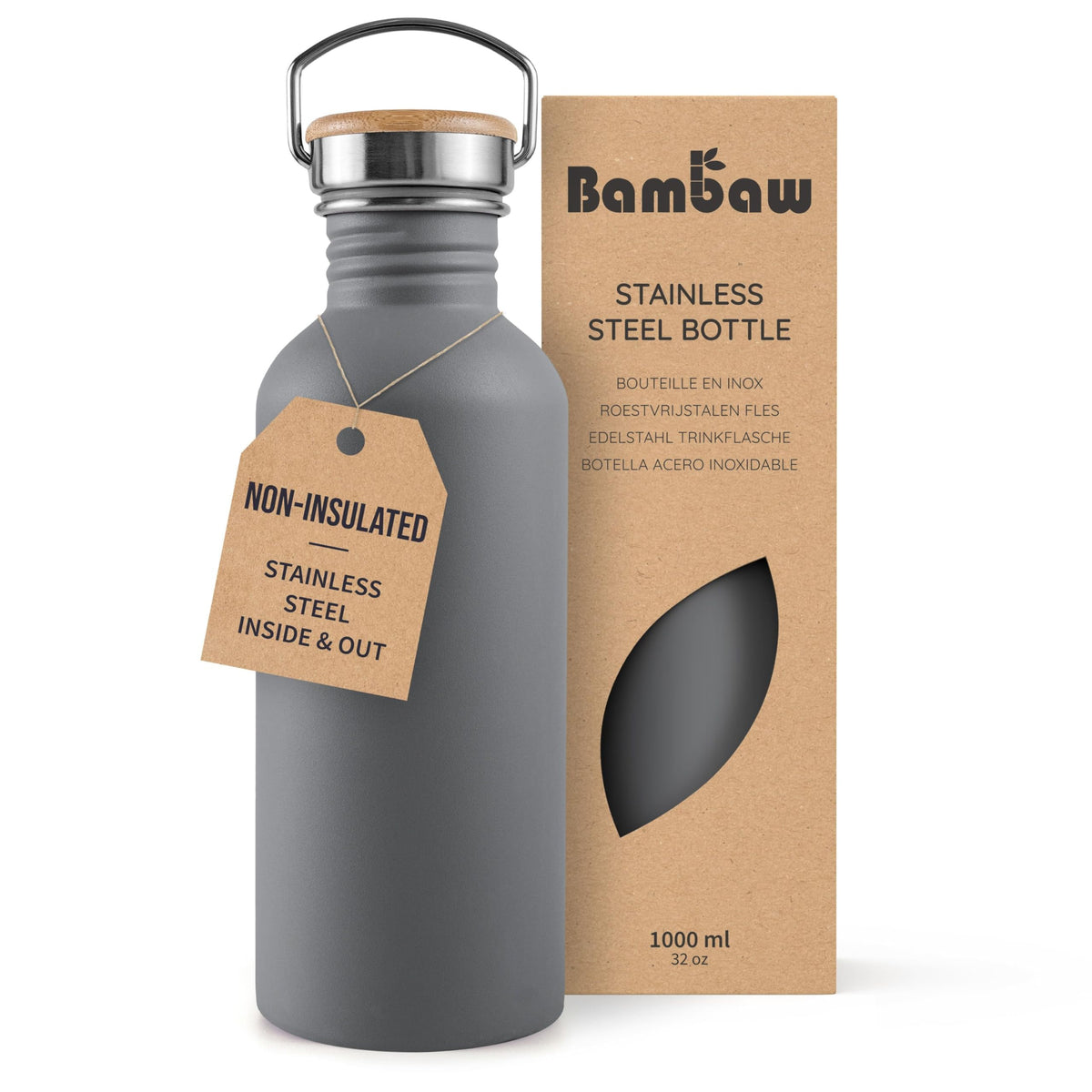 Bambaw Stainless Steel Water Bottles 32 oz, Non-insulated Single Wall Metal Water Bottle Stainless Steel, Reusable & Eco Friendly, Dishwasher Safe – Silver | Non-insulated
