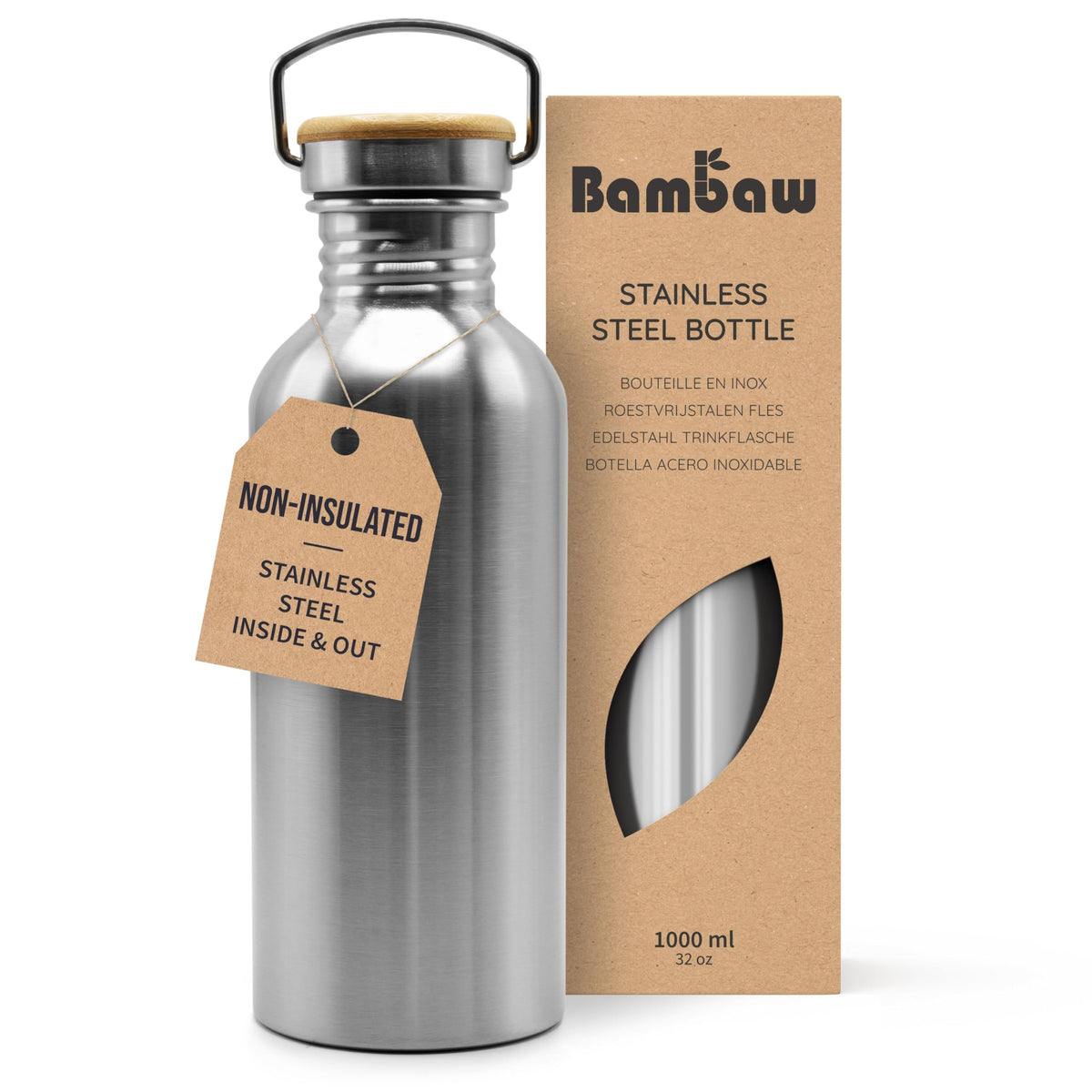Bambaw Stainless Steel Water Bottles 32 oz, Non-insulated Single Wall Metal Water Bottle Stainless Steel, Reusable & Eco Friendly, Dishwasher Safe – Silver | Non-insulated
