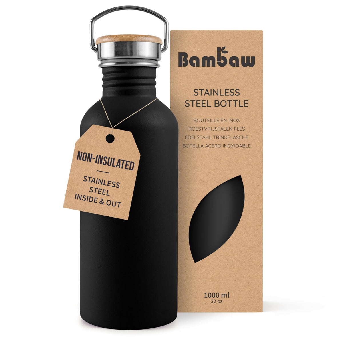 Bambaw Stainless Steel Water Bottles 32 oz, Non-insulated Single Wall Metal Water Bottle Stainless Steel, Reusable & Eco Friendly, Dishwasher Safe – Silver | Non-insulated