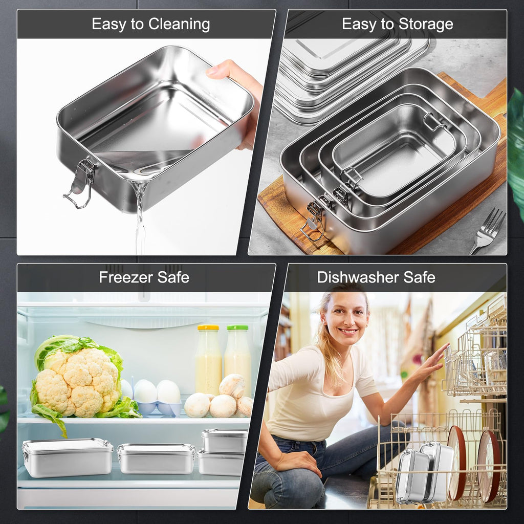 Umigy 4 Pcs Stainless Steel Food Containers Metal Bento Lunch Box Stainless Steel Food Storage Containers, Lockable Clips to Leak Proof, Reusable Dishwasher Snack Boxes for Work (550ml)