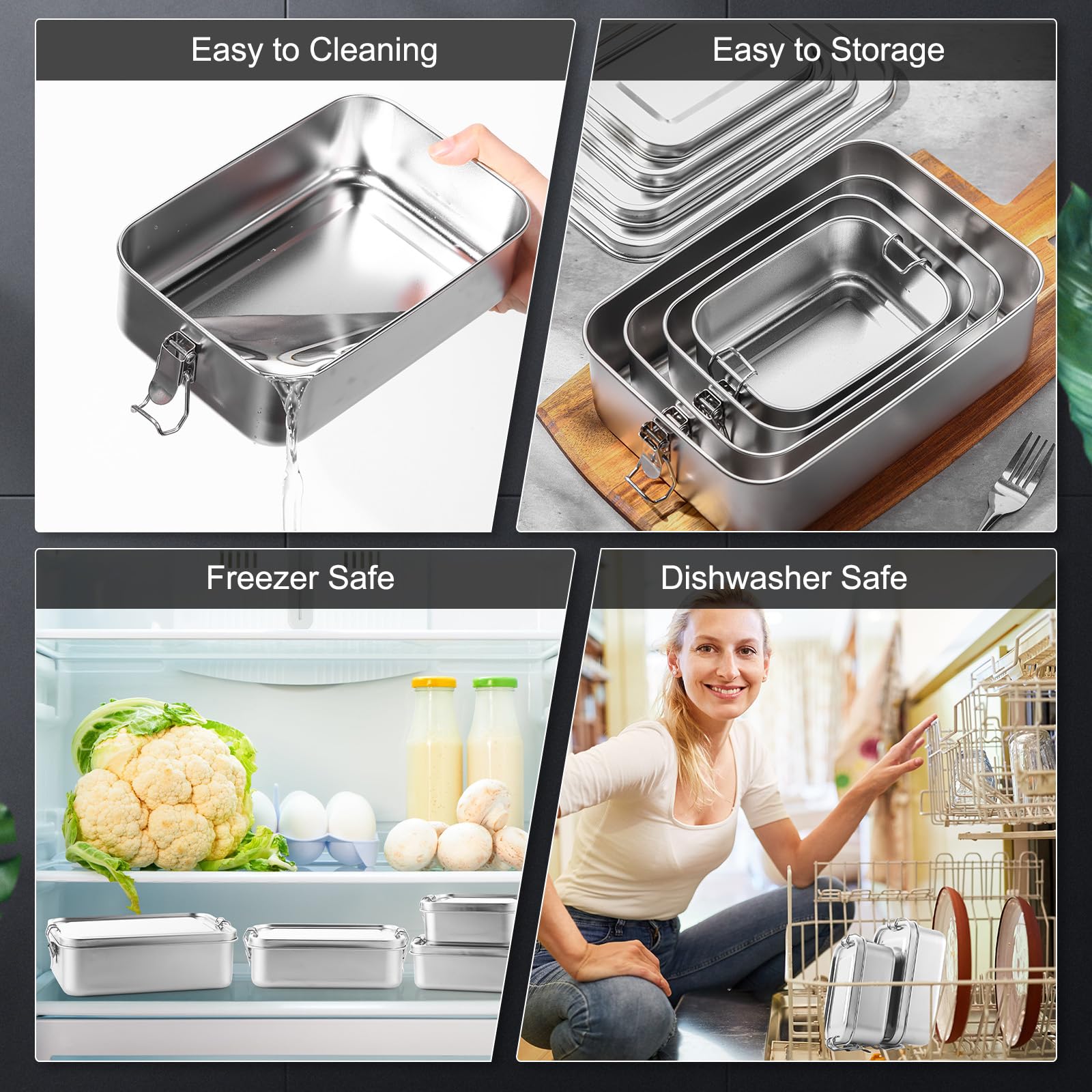 Umigy 4 Pcs Stainless Steel Food Containers Metal Bento Lunch Box Stainless Steel Food Storage Containers, Lockable Clips to Leak Proof, Reusable Dishwasher Snack Boxes for Work (550ml)