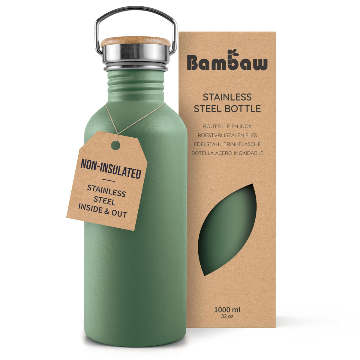 Bambaw Stainless Steel Water Bottles 32 oz, Non-insulated Single Wall Metal Water Bottle Stainless Steel, Reusable & Eco Friendly, Dishwasher Safe – Silver | Non-insulated