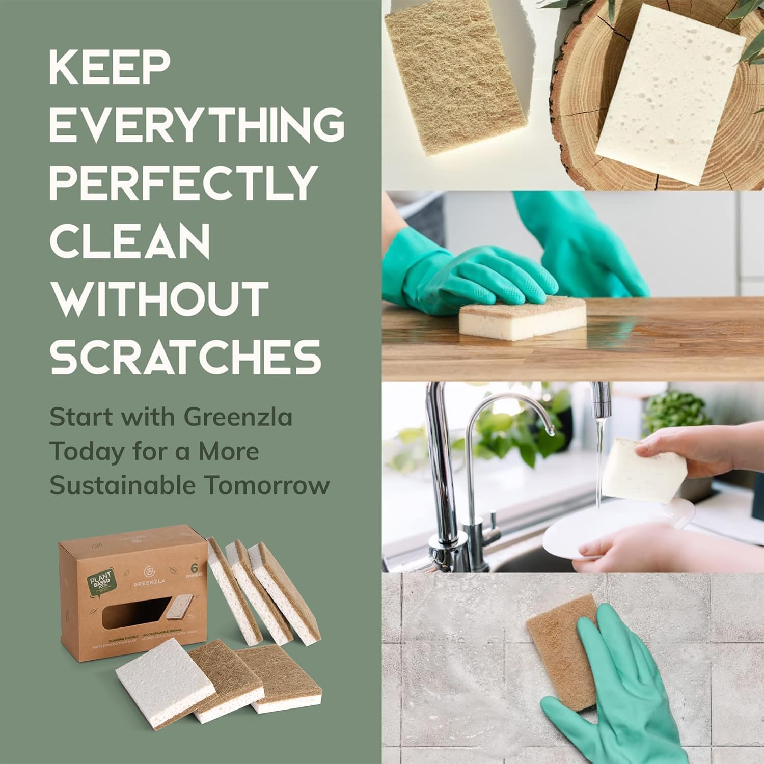 Greenzla Kitchen Sponges, Plant-Based Dish Sponges, Non-Scratch Sisal Hemp Scouring Pads for Dishes, Countertops, Bathtubs, and Tiles, 12 Pack