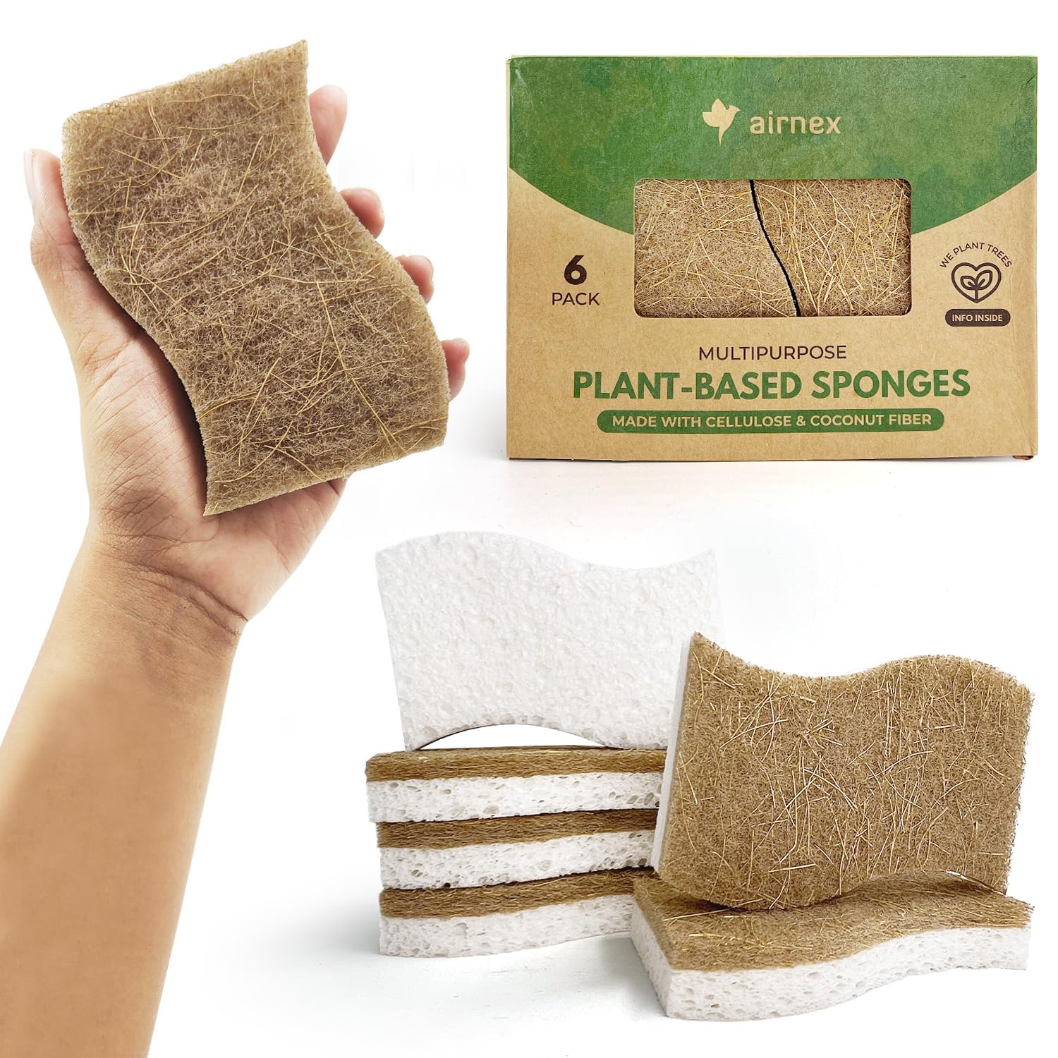 AIRNEX Biodegradable Natural Kitchen Sponge - Compostable Cellulose and Coconut Walnut Scrubber Sponge (12 Pack)
