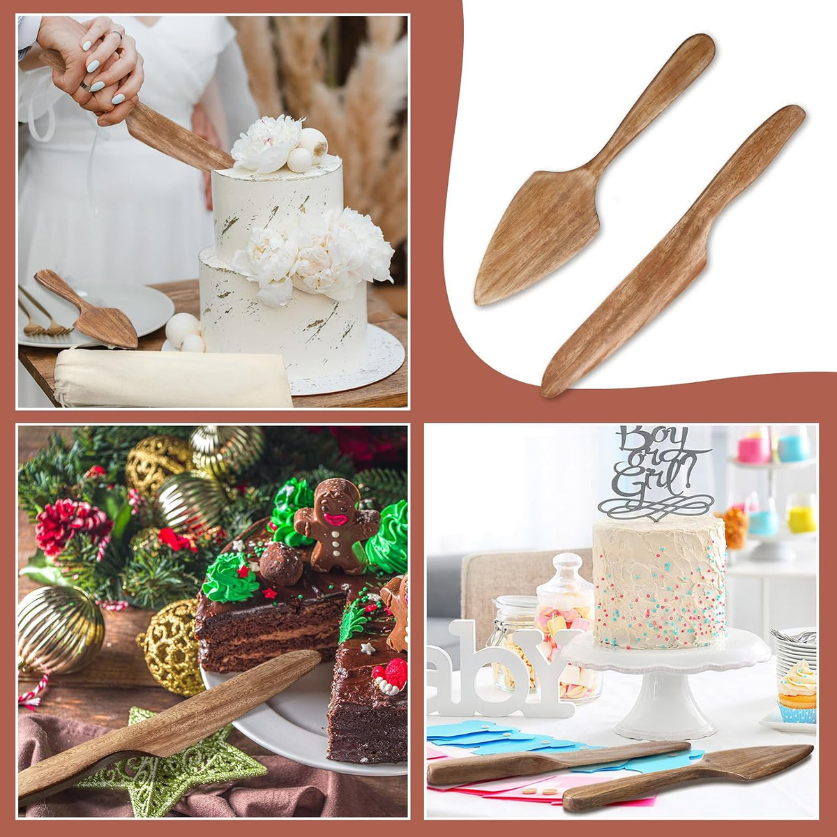 Norme Wedding Cake Knife and Server Set Rustic Wedding Cake Cutting Set, Wooden Cutter and Pie Server Spatula with Drawstring Bag for Bridal Reception Birthday Party Baby Shower