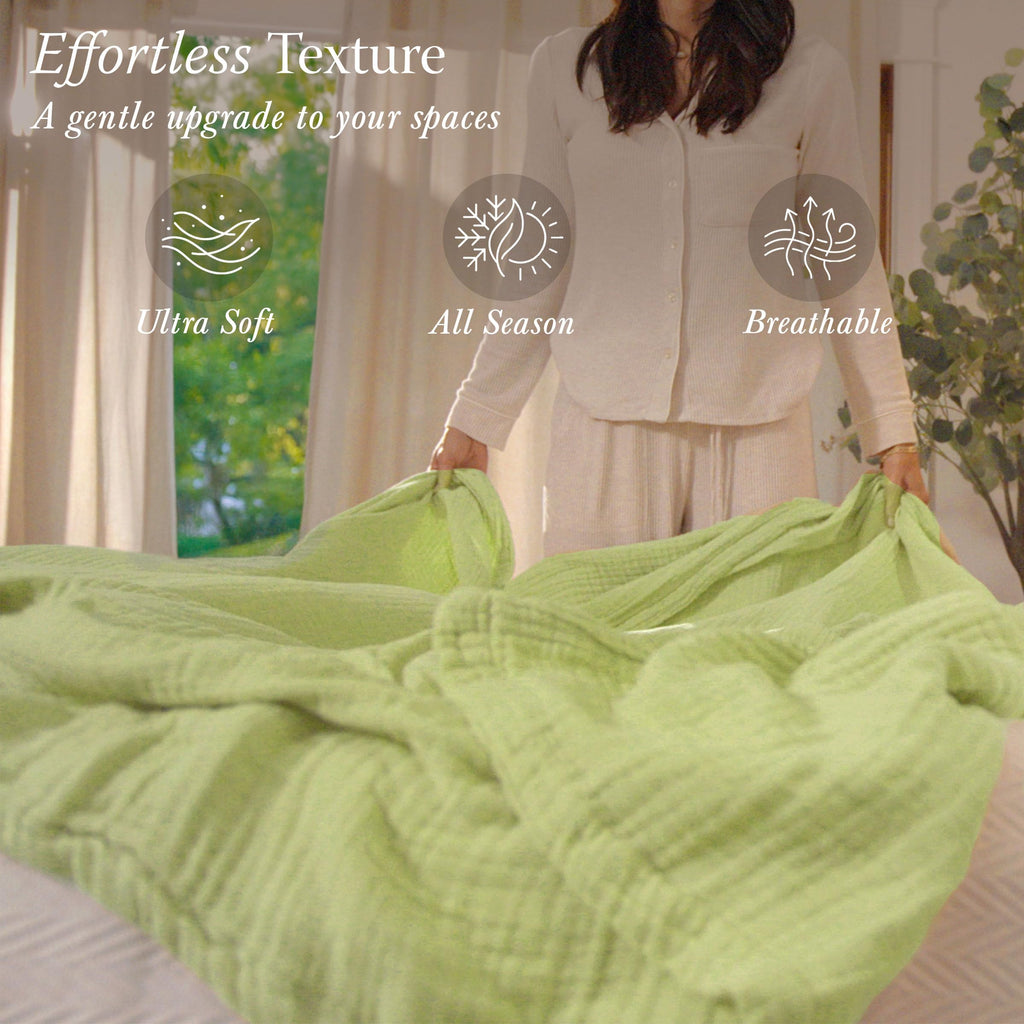 Threadmill Muslin Throw Blanket | 4 Layer 100% Cotton Gauze | Lightweight, Breathable, and Soft All Season Blanket | 50 x 65 Cozy Throw for Sofa, Couch & Bed | Beige