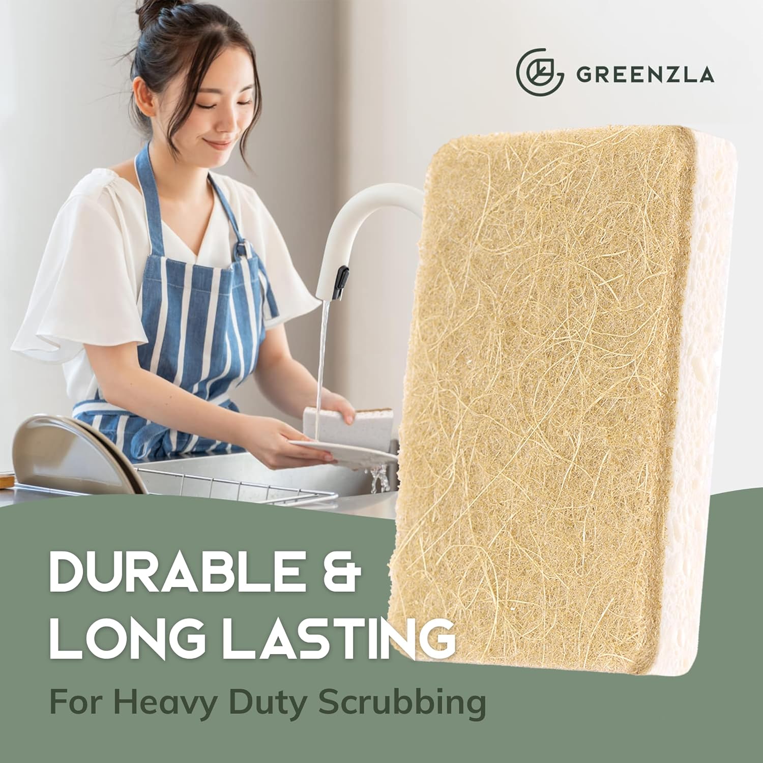 Greenzla Kitchen Sponges, Plant-Based Dish Sponges, Non-Scratch Sisal Hemp Scouring Pads for Dishes, Countertops, Bathtubs, and Tiles, 12 Pack