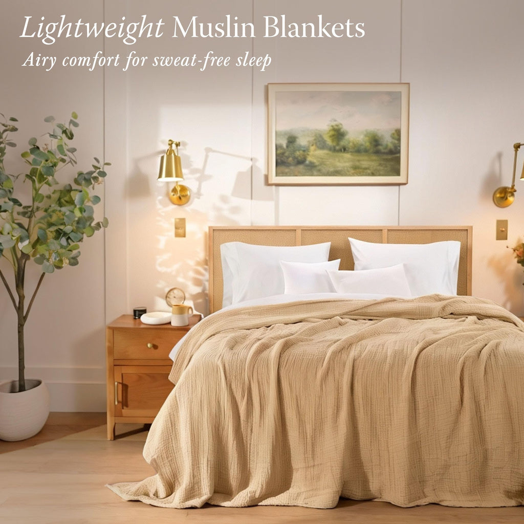 Threadmill Muslin Throw Blanket | 4 Layer 100% Cotton Gauze | Lightweight, Breathable, and Soft All Season Blanket | 50 x 65 Cozy Throw for Sofa, Couch & Bed | Beige