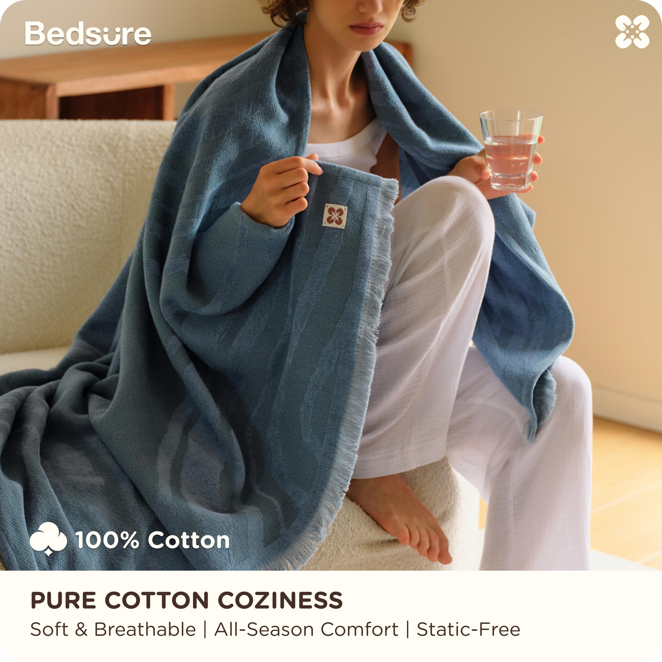 Bedsure 100% Cotton Throw Blanket for Couch - Luxury Aesthetic Woven Textured Blanket Gifts for Women, Cozy and Soft for All Seasons, Home Decor Boho Throw for Sofa, Chair, Blue, 50x60 Inches