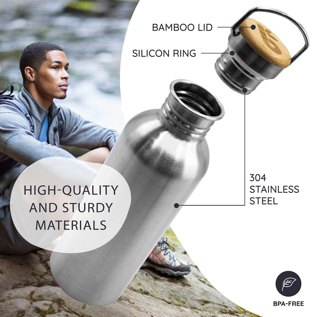 Bambaw Stainless Steel Water Bottles 32 oz, Non-insulated Single Wall Metal Water Bottle Stainless Steel, Reusable & Eco Friendly, Dishwasher Safe – Silver | Non-insulated