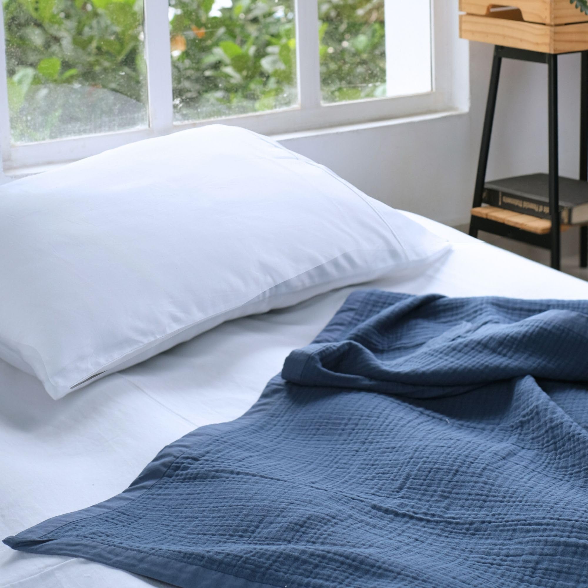 Salt Earth 100% Cotton Muslin Blanket, Gauze Blanket 55"X75" Twin, 6 Layered for Couch, Bed, Living Room, Home, Lightweight & All Season Blankets & Throws, Easy wash, Skin Friendly (Dress Blue/Print)