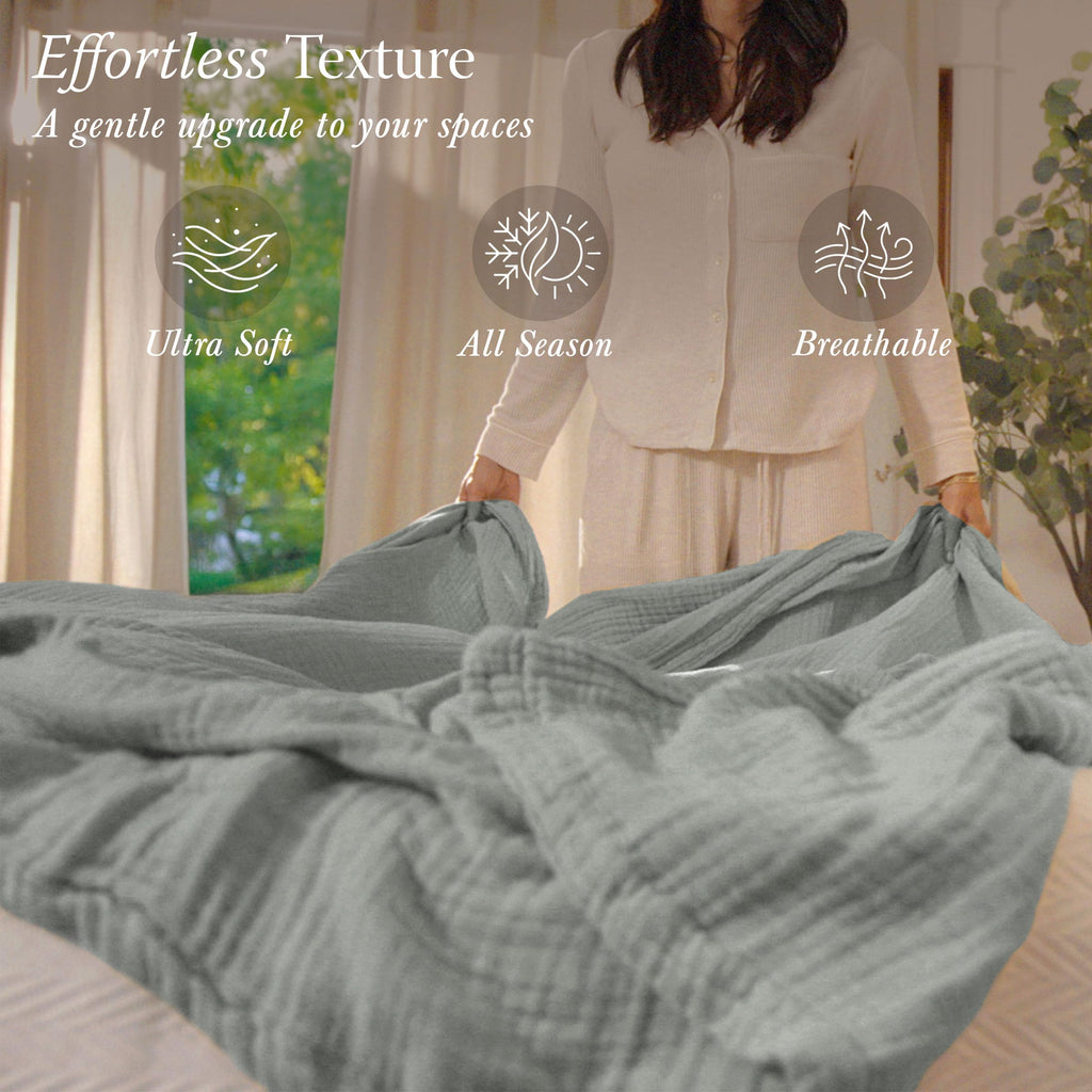 Threadmill Muslin Throw Blanket | 4 Layer 100% Cotton Gauze | Lightweight, Breathable, and Soft All Season Blanket | 50 x 65 Cozy Throw for Sofa, Couch & Bed | Beige