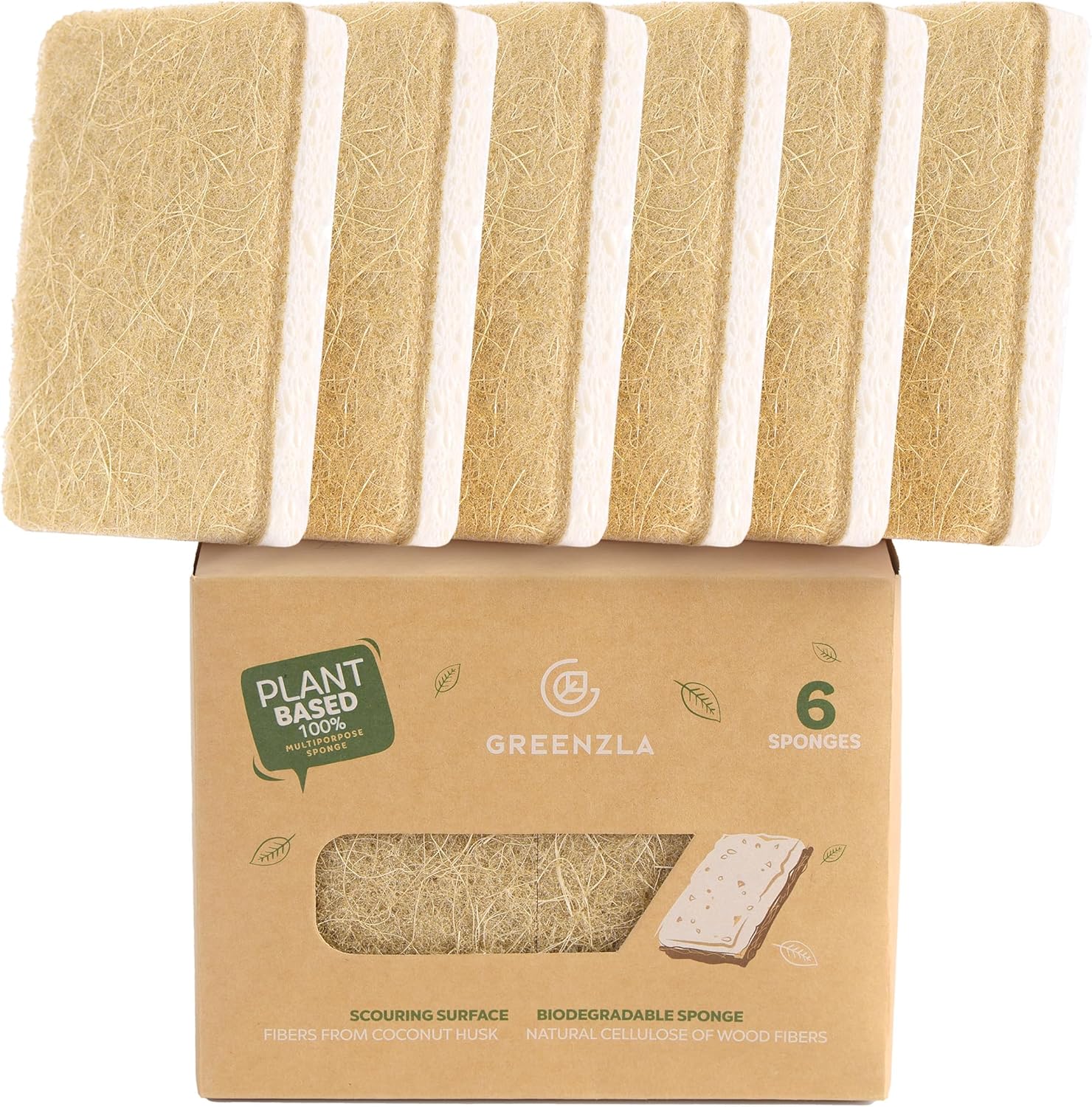 Greenzla Kitchen Sponges, Plant-Based Dish Sponges, Non-Scratch Sisal Hemp Scouring Pads for Dishes, Countertops, Bathtubs, and Tiles, 12 Pack