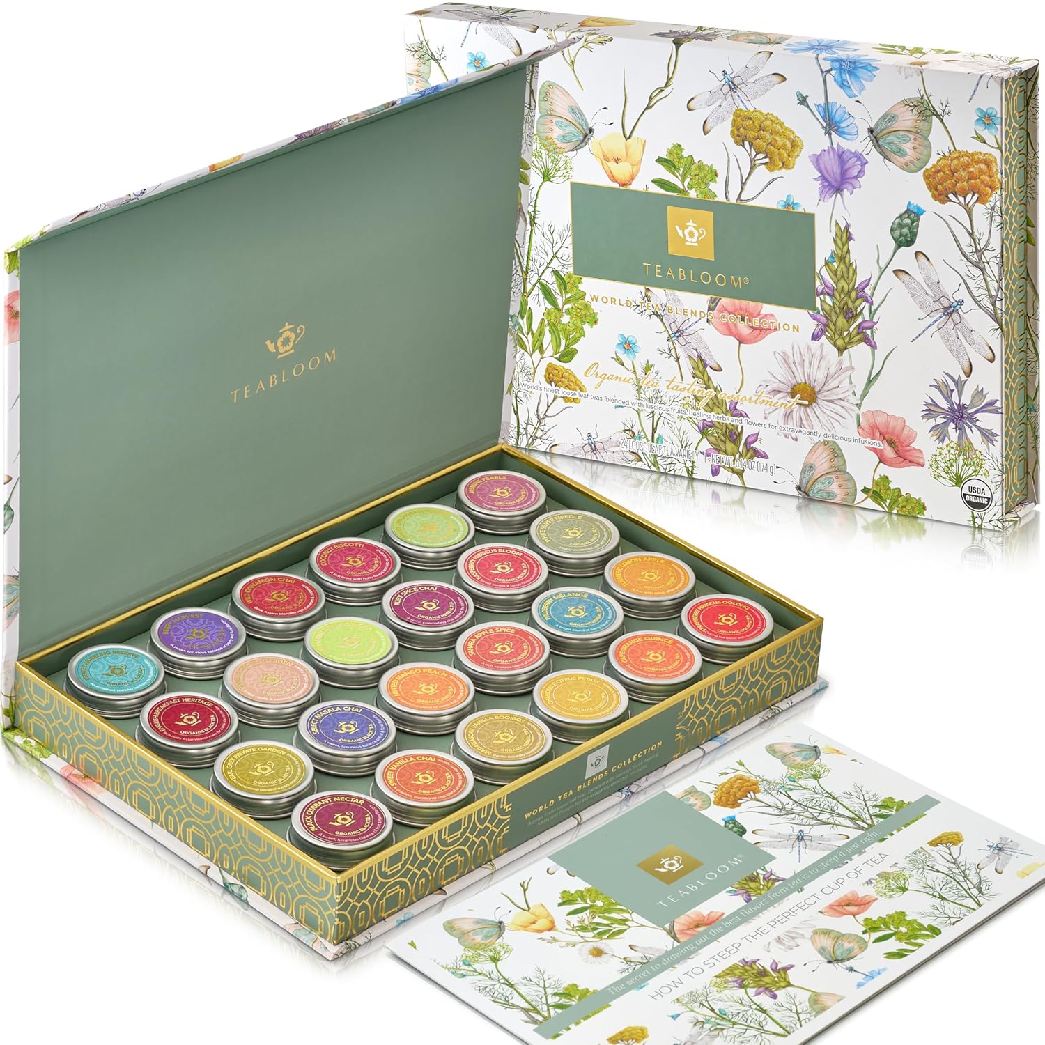 Teabloom Exceptional Loose Leaf Tea Chest, World's Largest Tea Collection with 24 Varieties of USDA Certified Organic Black, Green, White, Oolong, and Herbal Teas