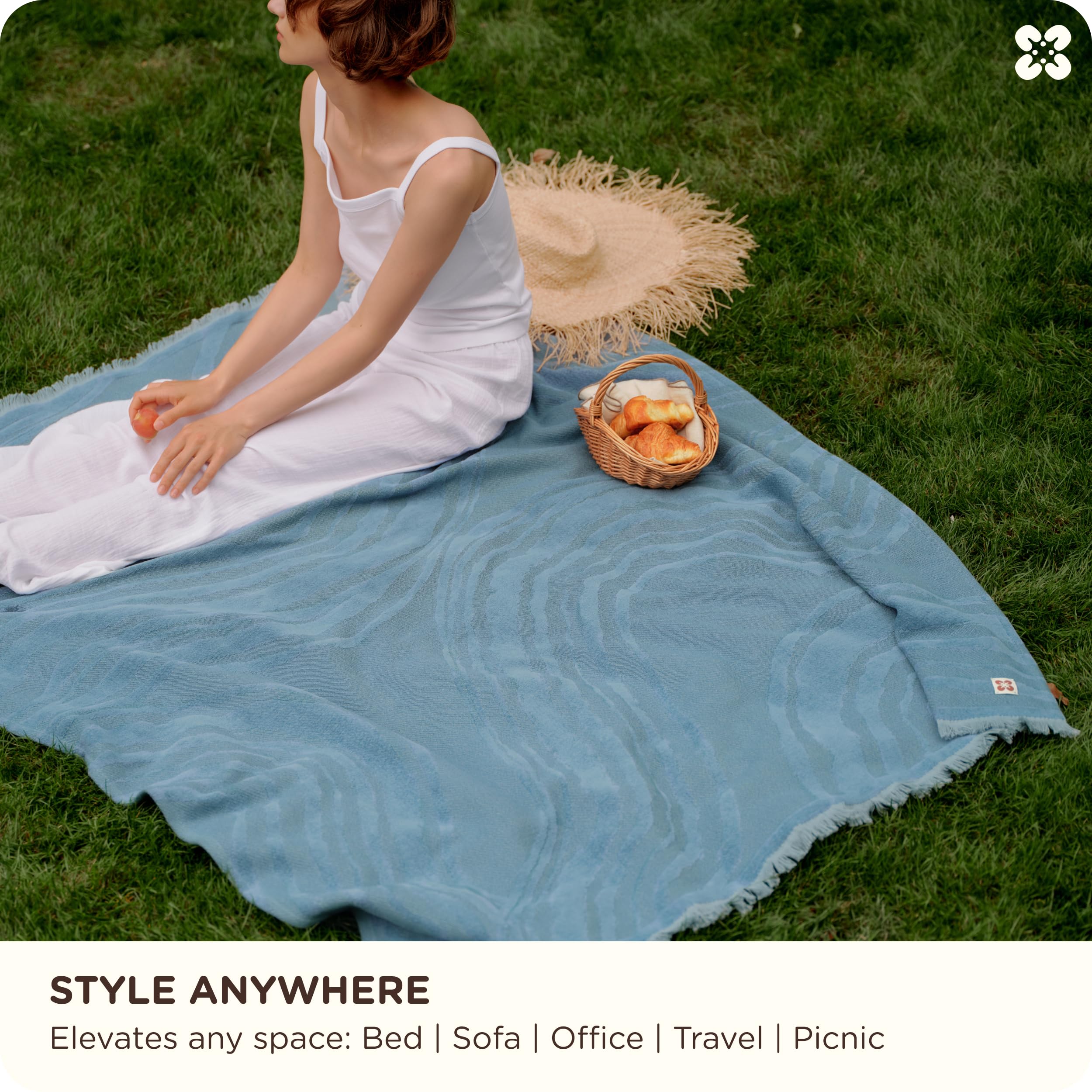 Bedsure 100% Cotton Throw Blanket for Couch - Luxury Aesthetic Woven Textured Blanket Gifts for Women, Cozy and Soft for All Seasons, Home Decor Boho Throw for Sofa, Chair, Blue, 50x60 Inches