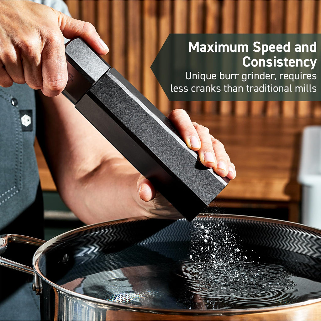 HexClad Salt and Pepper Mill Set with Adjustable Professional Grinders and No-Mess Caps