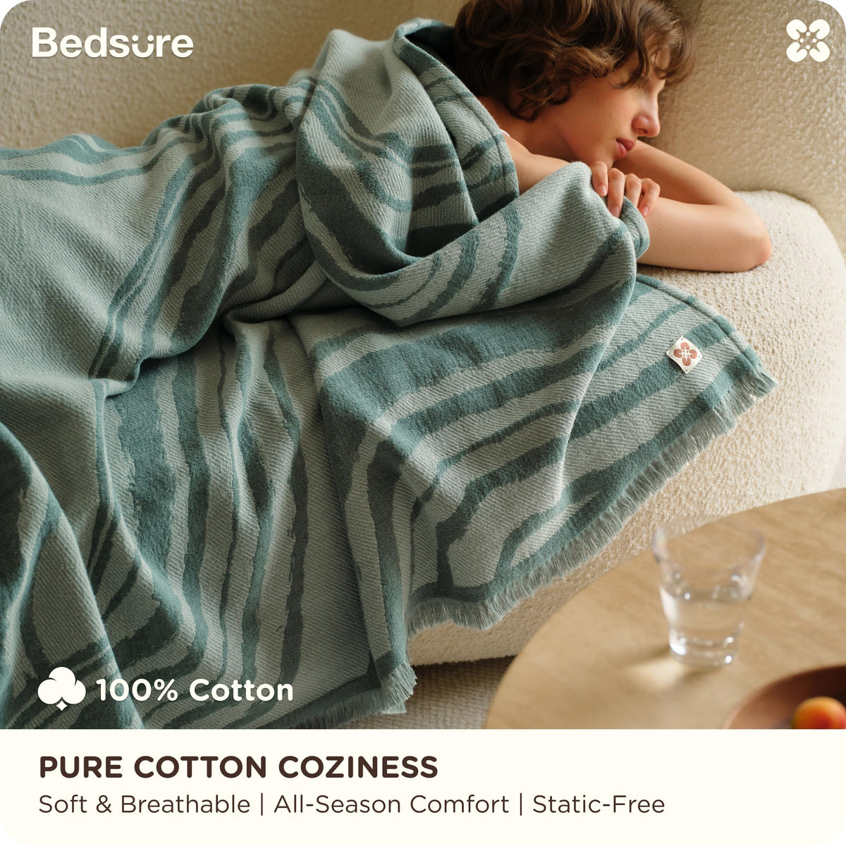 Bedsure 100% Cotton Throw Blanket for Couch - Luxury Aesthetic Woven Textured Blanket Gifts for Women, Cozy and Soft for All Seasons, Home Decor Boho Throw for Sofa, Chair, Blue, 50x60 Inches
