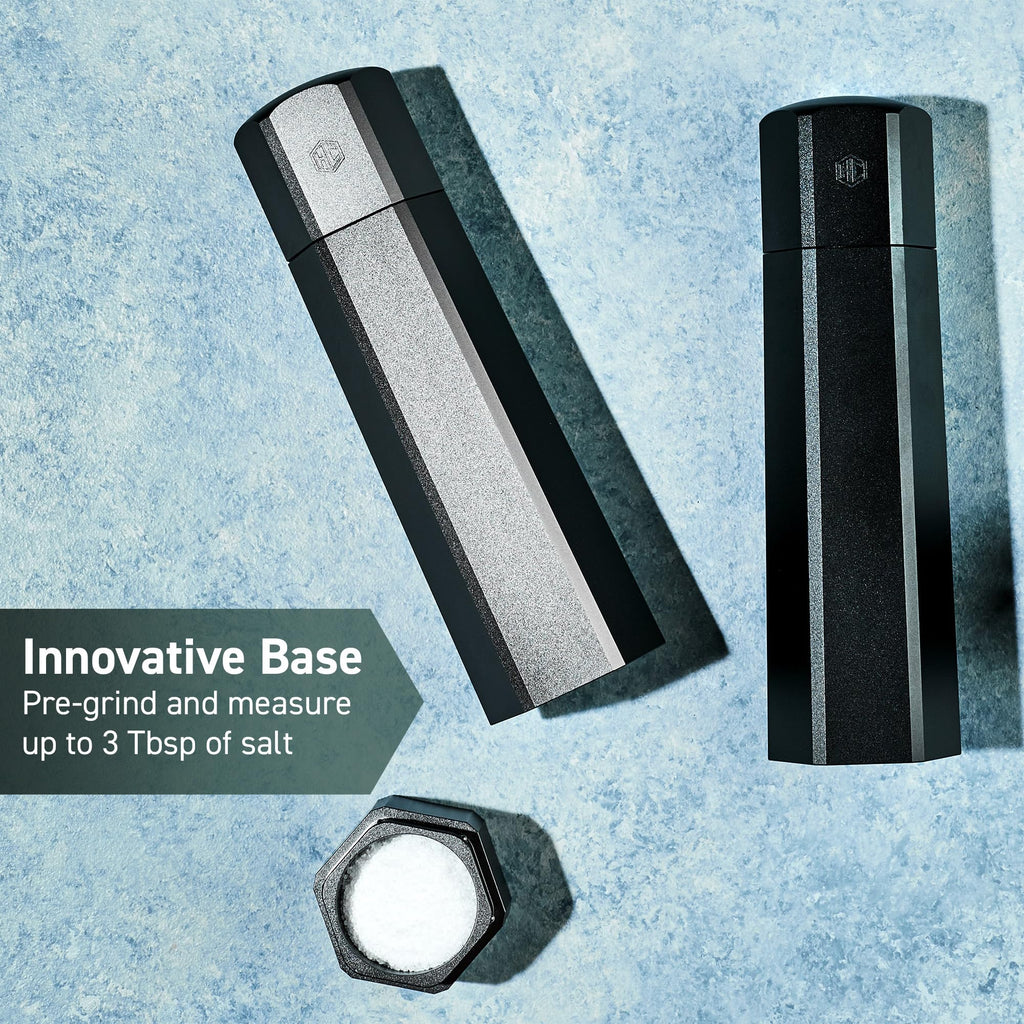HexClad Salt and Pepper Mill Set with Adjustable Professional Grinders and No-Mess Caps