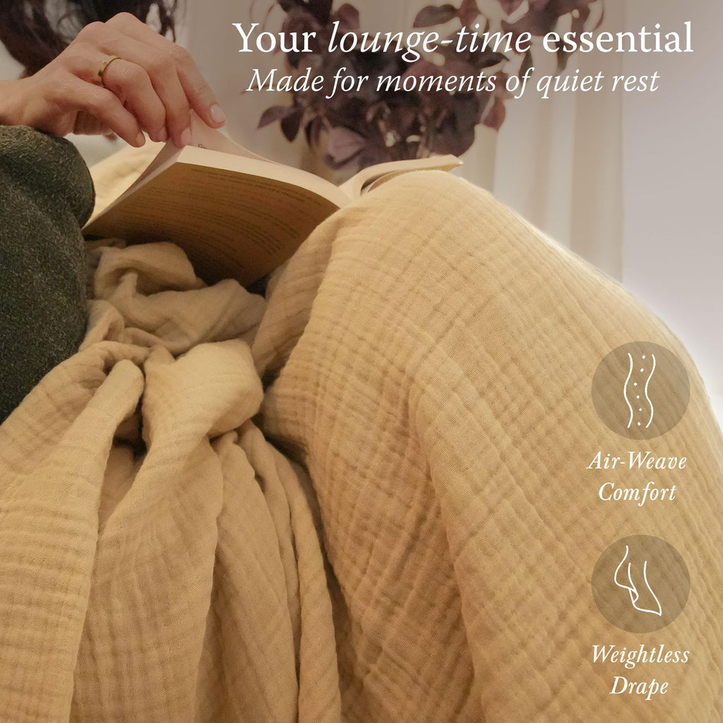Threadmill Muslin Throw Blanket | 4 Layer 100% Cotton Gauze | Lightweight, Breathable, and Soft All Season Blanket | 50 x 65 Cozy Throw for Sofa, Couch & Bed | Beige