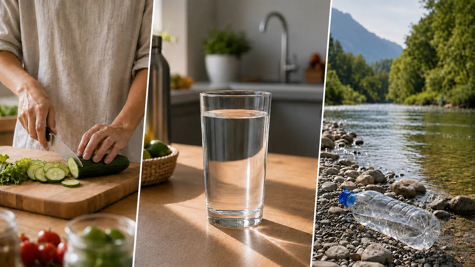 A three-panel collage showing a glass of water on a kitchen counter, a person slicing cucumber on a cutting board, and a plastic water bottle on a rocky riverbank with mountains in the background.